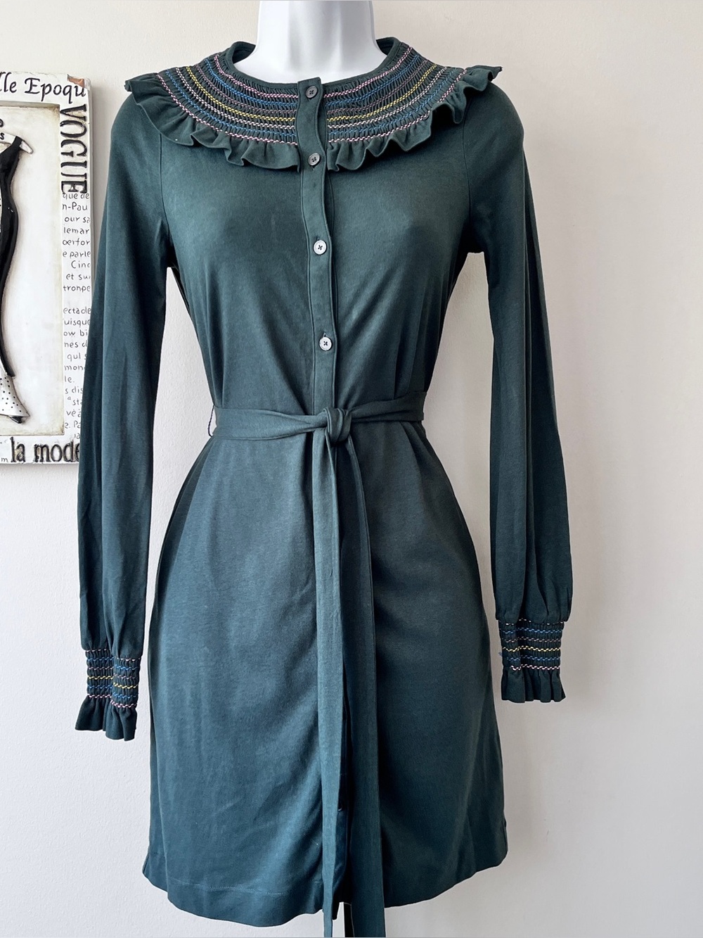 Boden Green Long-Sleeve Smocked Ruffle Collar Belted Dress Size 2 Petite